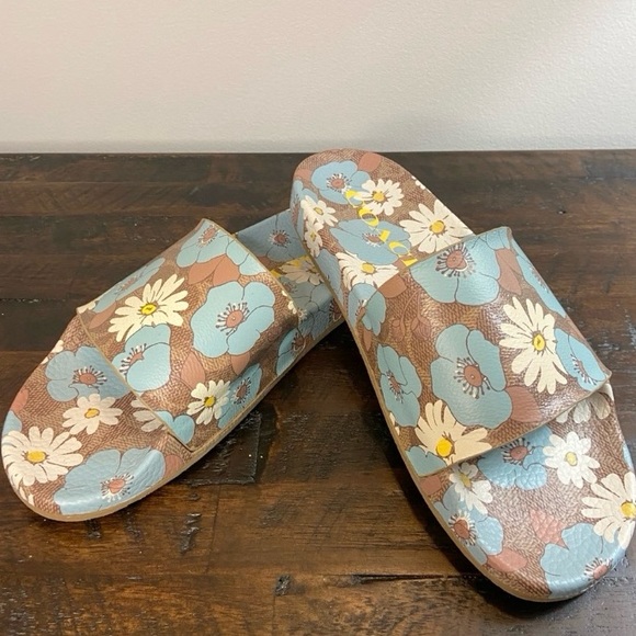 Coach NEW Udele Sig Floral Aqua Rubber Slide Sandals, Size 8 - Picture 1 of 11
